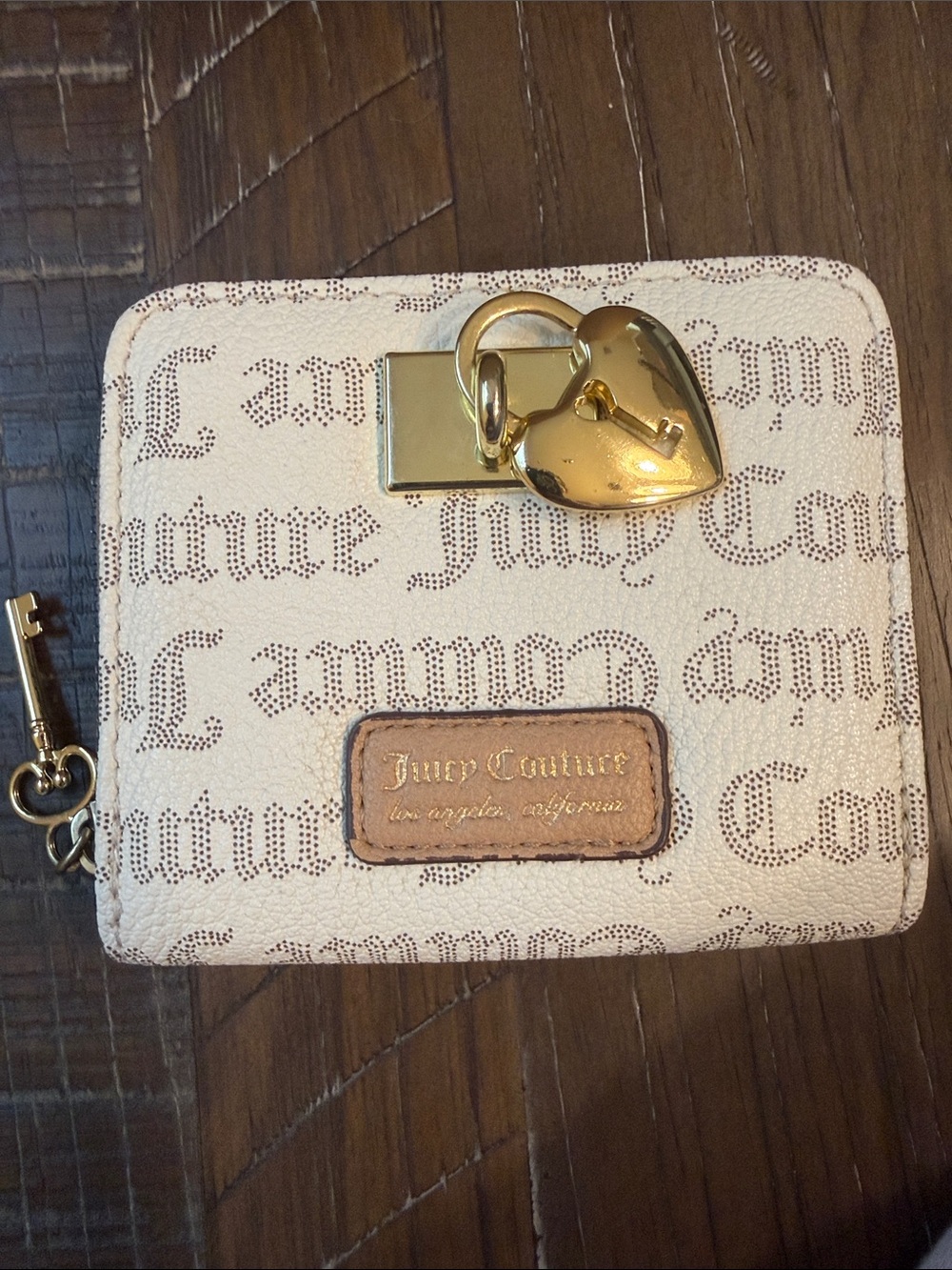 Juicy Couture Cream and Brown Logo Zip Wallet with Gold Heart Charm